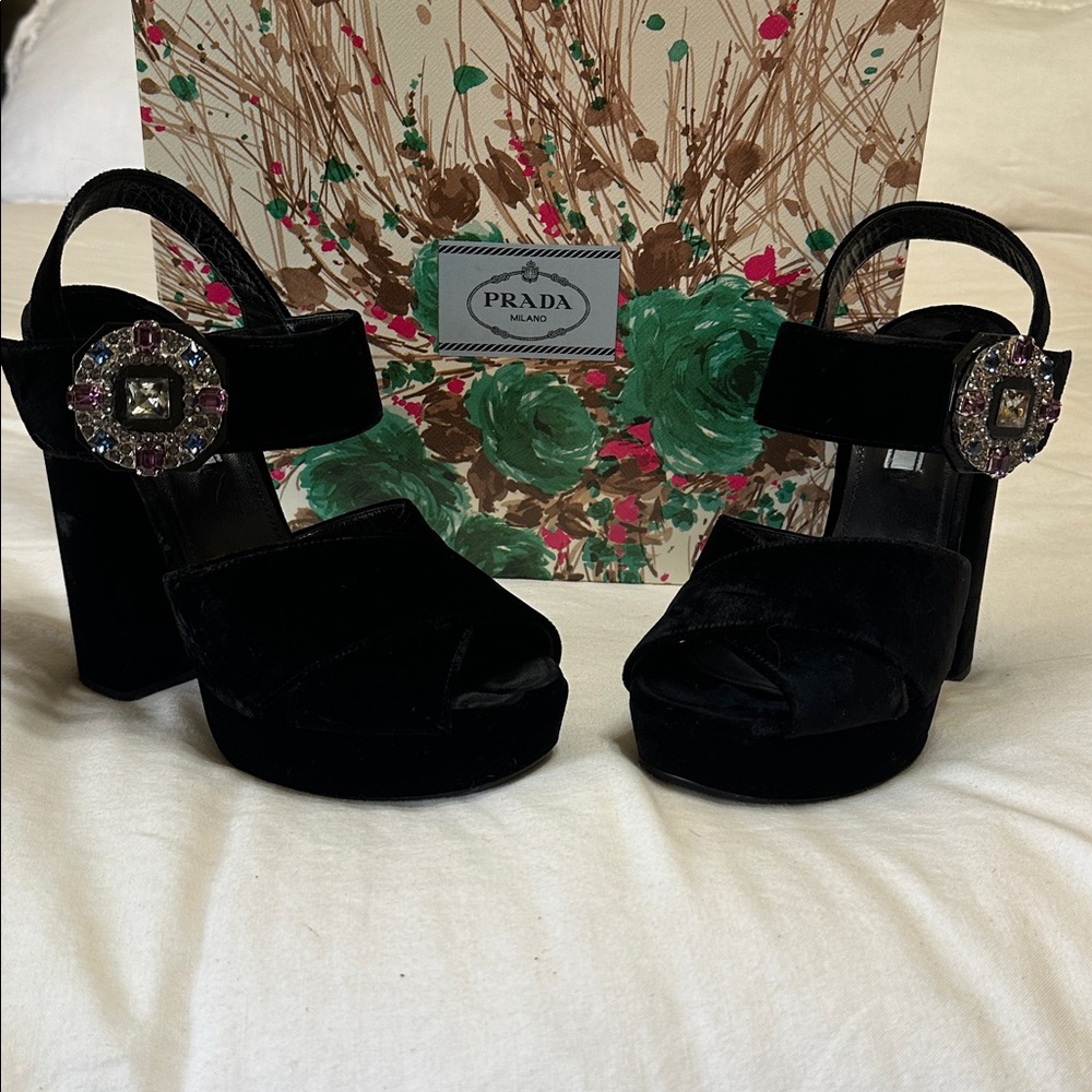 Prada Black Velvet Heels with Embellished Buckle 39